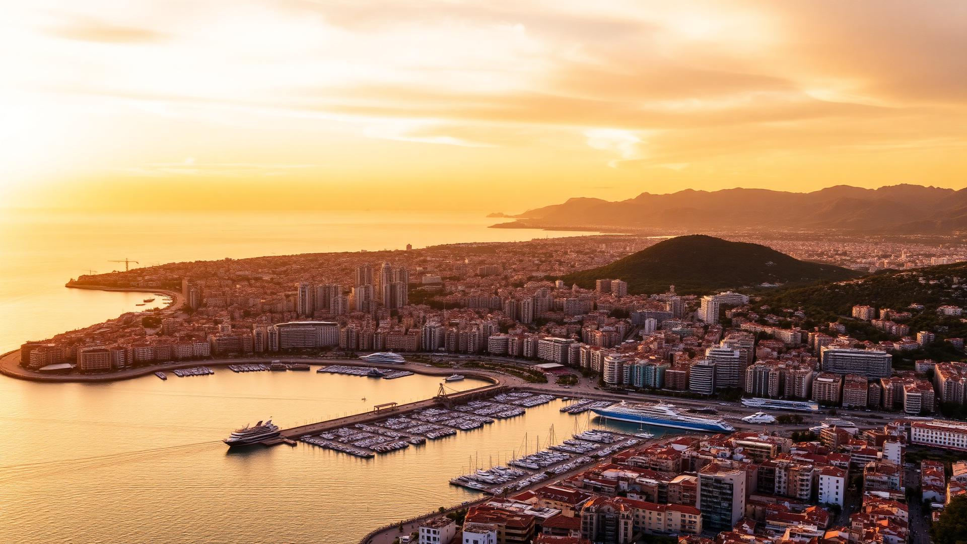 Vista panorámica de Málaga y su puerto al atardecer